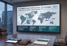 TD SYNNEX amplía distribución de IBM y fortalece oportunidades para el canal Fotografía de una sala de juntas moderna. En la pared, una gran pantalla muestra un mapa mundial con puntos brillantes y el título "TD SYNNEX Expands IBM Solutions Distribution to 20 New Global Markets". El mapa destaca un acercamiento a Sudamérica señalando Paraguay, Perú, Uruguay y Venezuela, y otro punto en Malasia. Debajo, un panel informativo detalla los pilares de la "Select Blue Strategic Initiative" e incluye citas de ejecutivos. Sobre la mesa de madera hay una tableta, una libreta y un reporte impreso.