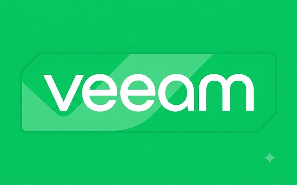 Logotipo de la marca Veeam, escrito en letras minúsculas de color blanco sobre un fondo verde brillante con bordes ligeramente diagonales.