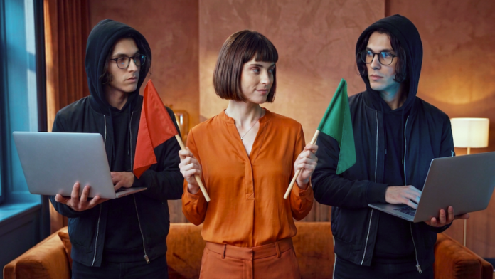 Concepto visual en un entorno de oficina donde una mujer vestida con blusa naranja se encuentra entre dos figuras idénticas con sudadera negra con capucha y anteojos sosteniendo laptops; la mujer sostiene una bandera roja hacia la izquierda y una bandera verde hacia la derecha para ejemplificar la toma de decisiones frente a señales de alerta digital.