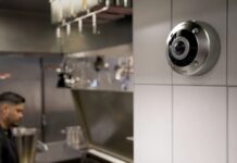 Axis Communications lanza la cámara panorámica AXIS M4337-SPLVE para entornos industriales severos Fotografía en plano medio que muestra una cámara panorámica redonda de acero inoxidable AXIS M4337-SPLVE montada sobre una pared de azulejos blancos dentro de una cocina industrial o área de procesamiento de alimentos, con un operario desenfocado trabajando en segundo plano.