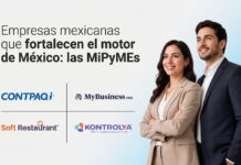 CONTPAQi y la tecnología mexicana: el motor para potenciar a las MiPyMEs Banner publicitario que muestra a una mujer y un hombre vistiendo trajes ejecutivos, posando sonrientes y de perfil a la derecha sobre un fondo claro. A la izquierda aparece la leyenda "Empresas mexicanas que fortalecen el motor de México: las MiPyMEs" junto con los logotipos oficiales de CONTPAQi, MyBusiness POS, Soft Restaurant y Kontrolya.
