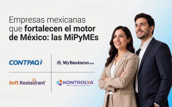Banner publicitario que muestra a una mujer y un hombre vistiendo trajes ejecutivos, posando sonrientes y de perfil a la derecha sobre un fondo claro. A la izquierda aparece la leyenda 