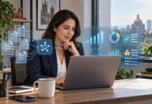 CONTPAQi integra al agente de IA BENI para transformar la gestión fiscal en México Fotografía de una contadora profesional sentada frente a su computadora portátil en una oficina moderna con vista a la ciudad, observando interfaces digitales flotantes que muestran la extracción de datos desde archivos CFDI hacia gráficos de barras, diagramas circulares e indicadores de alerta fiscal.