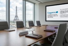 Capgemini respalda el llamado de OpenAI para acelerar la ciberdefensa ante el avance de los ataques con IA Fotografía de una sala de juntas ejecutiva iluminada con vista a la Torre Eiffel en París a través de un ventanal. Sobre la mesa de madera pulida hay carpetas de trabajo y un identificador con el nombre "Luis Adrián Ochoa Zárate - Capgemini". Al fondo, una pantalla plana presenta el logotipo de Capgemini y un comunicado sobre el respaldo a OpenAI para acelerar la ciberdefensa impulsada por IA.