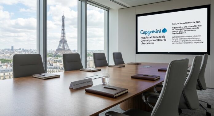 Fotografía de una sala de juntas ejecutiva iluminada con vista a la Torre Eiffel en París a través de un ventanal. Sobre la mesa de madera pulida hay carpetas de trabajo y un identificador con el nombre 