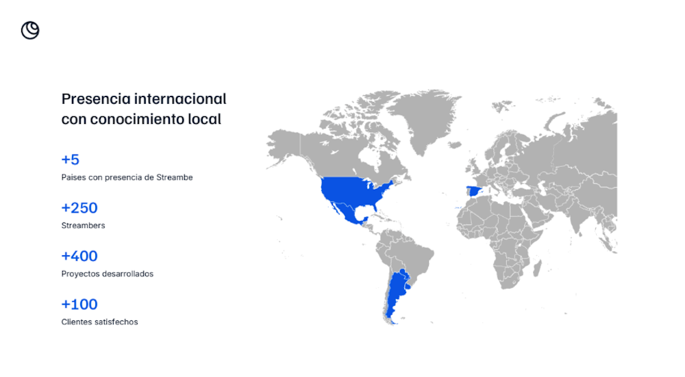 Mapa mundi ilustrativo que resalta en azul la presencia internacional de Streambe en Estados Unidos, México, Argentina, Uruguay y España, acompañado de métricas corporativas.
