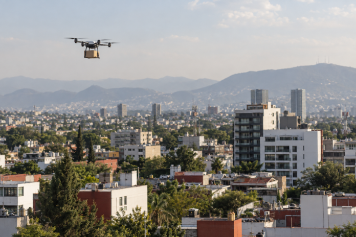 Fotografía aérea en plano general que muestra un dron multirrotor blanco y negro sobrevolando una zona urbana con edificios residenciales y montañas al fondo, transportando una caja pequeña de cartón sujeta en su parte inferior.