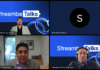 Streambe Talks revoluciona la visión de la inteligencia artificial empresarial Mosaico de videollamada en línea con el logo de Streambe Talks, que reúne a cuatro participantes: Fernando Aldana, Fernando Fariña, Julio Landey de Coppel y el anfitrión de Streambe.