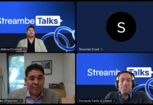 Streambe Talks revoluciona la visión de la inteligencia artificial empresarial Mosaico de videollamada en línea con el logo de Streambe Talks, que reúne a cuatro participantes: Fernando Aldana, Fernando Fariña, Julio Landey de Coppel y el anfitrión de Streambe.