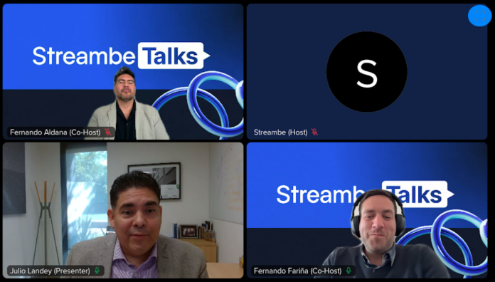 Especialistas de Streambe y Coppel analizan el valor real y la adopción de la IA en Streambe Talks Mosaico de videollamada en línea con el logo de Streambe Talks, que reúne a cuatro participantes: Fernando Aldana, Fernando Fariña, Julio Landey de Coppel y el anfitrión de Streambe.