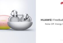 HUAWEI FreeBuds Neo: el equilibrio perfecto entre diseño, comodidad y audio de alta fidelidad Composición gráfica publicitaria sobre fondo blanco con el logotipo de Huawei y el texto "HUAWEI FreeBuds Neo. Noise Off. Energy On.", mostrando a la izquierda dos estuches de carga de silueta curva en acabados rosa degradado y plateado, con un par de audífonos intrauditivos expuestos.