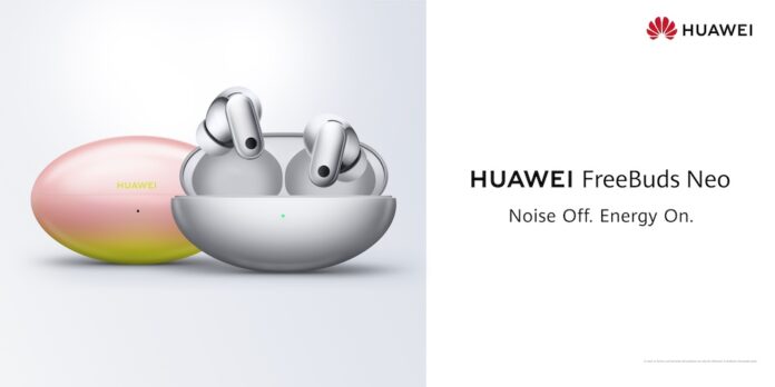 Composición gráfica publicitaria sobre fondo blanco con el logotipo de Huawei y el texto 