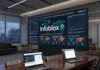 Infoblox analiza cómo la IA acelera los ciberriesgos e impulsa la protección preventiva Fotografía de una sala de juntas ejecutiva con dos computadoras portátiles abiertas sobre una mesa de madera. Al fondo destaca una pantalla mural de gran formato que muestra un tablero con el logotipo de Infoblox, mapas de calor globales y gráficas estadísticas sobre el informe de amenazas aceleradas por inteligencia artificial.