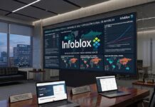 Infoblox analiza cómo la IA acelera los ciberriesgos e impulsa la protección preventiva Fotografía de una sala de juntas ejecutiva con dos computadoras portátiles abiertas sobre una mesa de madera. Al fondo destaca una pantalla mural de gran formato que muestra un tablero con el logotipo de Infoblox, mapas de calor globales y gráficas estadísticas sobre el informe de amenazas aceleradas por inteligencia artificial.