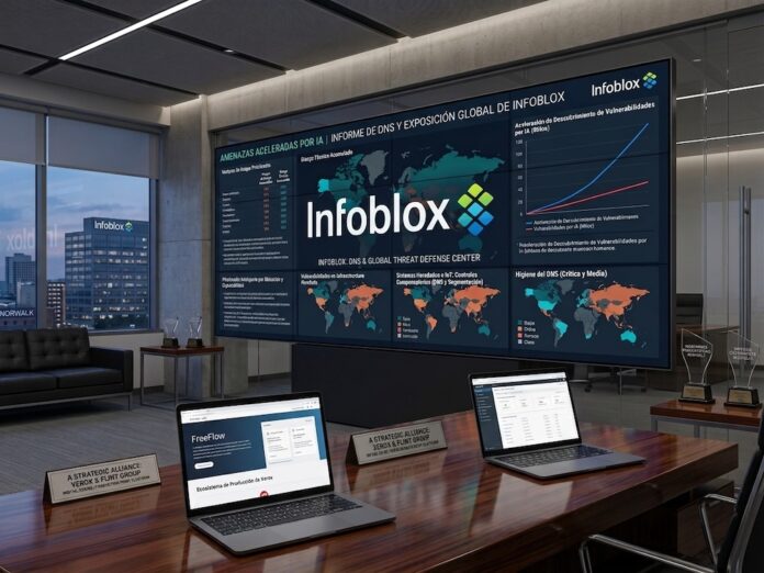Fotografía de una sala de juntas ejecutiva con dos computadoras portátiles abiertas sobre una mesa de madera. Al fondo destaca una pantalla mural de gran formato que muestra un tablero con el logotipo de Infoblox, mapas de calor globales y gráficas estadísticas sobre el informe de amenazas aceleradas por inteligencia artificial.