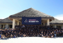 ¡Todo un éxito Anadic Mx The Summit 2026! Nadie es mejor que todos juntos Fotografía de un grupo multitudinario de personas posando alegremente sobre la arena blanca de una playa, frente a una gran estructura arquitectónica tipo palapa. La inmensa mayoría de los asistentes viste camisas tipo polo en color azul oscuro y, en el centro de la formación, sostienen una gran lona azul con el logotipo y el texto "ANADIC MX THE SUMMIT 2026". El día luce soleado con un cielo completamente despejado.