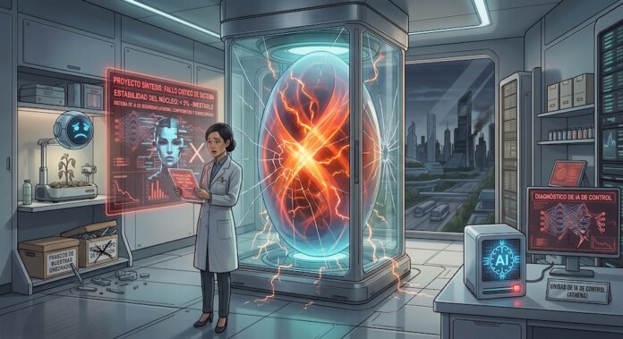 Ilustración de estilo futurista que muestra a una científica con bata blanca y expresión de preocupación dentro de un laboratorio. Ella sostiene un dispositivo frente a una gran cápsula de contención de vidrio agrietada que encierra una energía brillante y volátil en tonos rojos y naranjas. A su alrededor flotan pantallas holográficas con advertencias en rojo que indican 