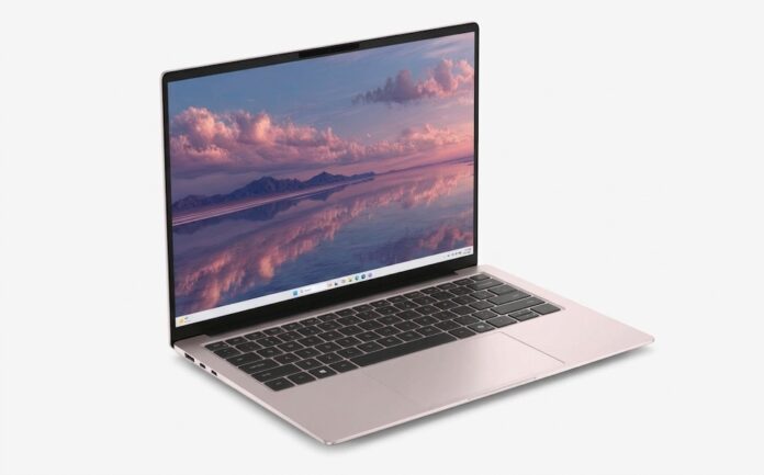 Fotografía de producto en perspectiva de tres cuartos de la laptop Dell 14S abierta, mostrando su chasis metálico en tono rosado, un teclado negro empotrado y una pantalla en formato 16:10 que exhibe un paisaje de atardecer reflectante en tonos rosados y púrpuras.