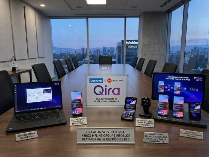 Fotografía de una mesa de juntas con un panorama urbano de fondo, donde se exhibe una línea de dispositivos Lenovo y Motorola encendidos que muestran la interfaz de Qira, incluyendo una laptop, smartphones plegables y de pantalla plana, un reloj inteligente moto watch ultra y una tableta, acompañados de carteles informativos.