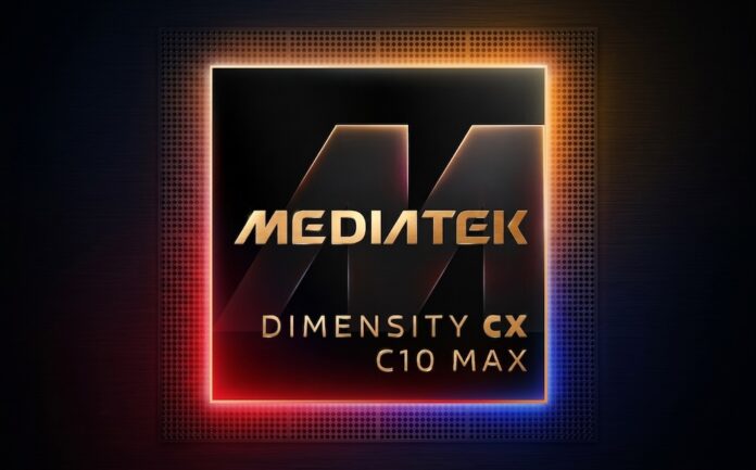 Logotipo oficial del System-on-Chip MediaTek Dimensity CX C10 Max Gráfico del procesador cuadrado MediaTek Dimensity CX C10 Max en acabado metálico negro con tipografía dorada, rodeado por un resplandor neón en tonos naranja, rojo y violeta sobre fondo blanco.