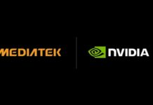 NVIDIA y MediaTek profundizan su alianza estratégica con una inversión de 3.500 millones de dólares Gráfico corporativo sobre fondo negro que presenta el logotipo de MediaTek en color naranja a la izquierda y el logotipo de NVIDIA con su emblema de ojo verde y letras blancas a la derecha, separados por una fina línea vertical gris.