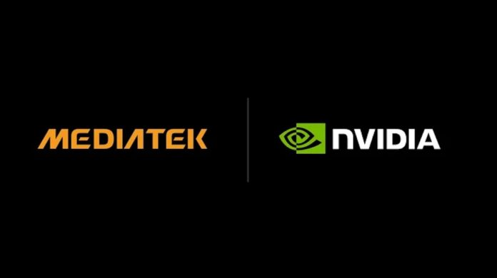 Gráfico corporativo sobre fondo negro que presenta el logotipo de MediaTek en color naranja a la izquierda y el logotipo de NVIDIA con su emblema de ojo verde y letras blancas a la derecha, separados por una fina línea vertical gris.