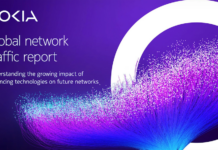 El superciclo de la IA triplicará el tráfico global de redes para 2034, advierte Nokia Gráfico promocional con fondo morado que presenta el logotipo de Nokia y el título "Global network traffic report" acompañado de la leyenda "Understanding the growing impact of advancing technologies on future networks". A la derecha se aprecia una ilustración de fibras ópticas luminosas de colores cian, magenta y azul fluyendo a través de un anillo blanco.