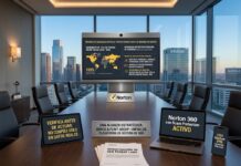 Fiestas patrias: Norton alerta sobre el aumento de estafas digitales en reservas y promociones Fotografía de una sala de juntas ejecutiva con vista panorámica a la ciudad, donde se aprecia una pantalla principal con el logotipo de Norton proyectando un informe sobre amenazas digitales en Fiestas Patrias, junto a una laptop con Norton 360 activo, una tableta con recomendaciones de seguridad y documentos impresos de Gen Threat Labs sobre la mesa.