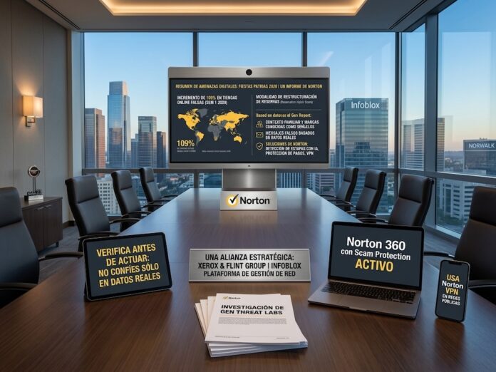 Fotografía de una sala de juntas ejecutiva con vista panorámica a la ciudad, donde se aprecia una pantalla principal con el logotipo de Norton proyectando un informe sobre amenazas digitales en Fiestas Patrias, junto a una laptop con Norton 360 activo, una tableta con recomendaciones de seguridad y documentos impresos de Gen Threat Labs sobre la mesa.