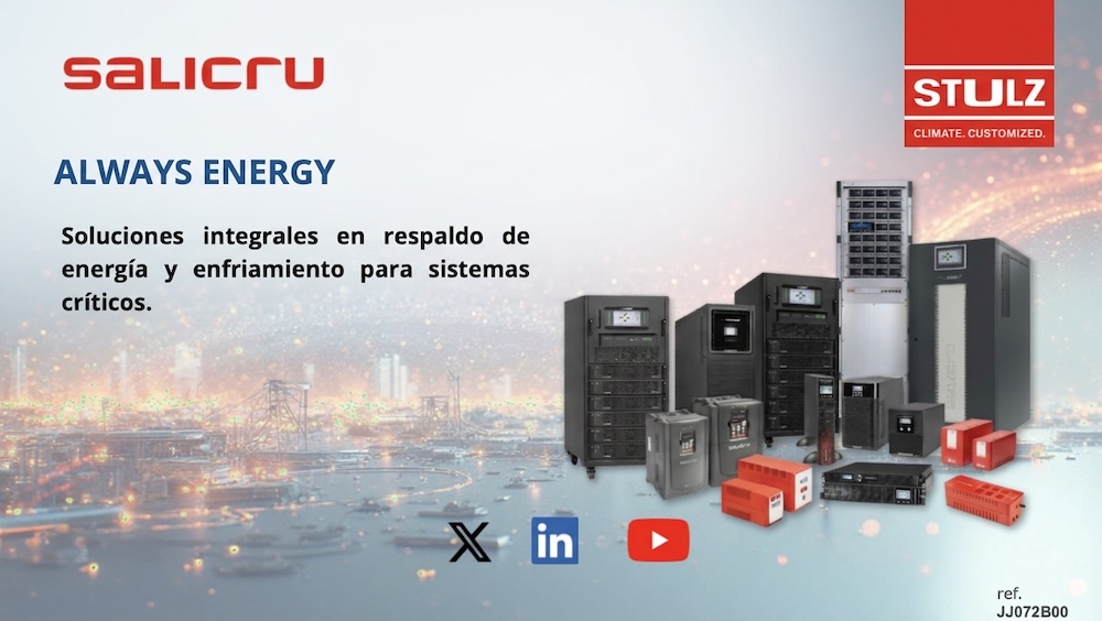 Composición publicitaria de Salicru y Stulz bajo el lema "ALWAYS ENERGY", mostrando una amplia variedad de gabinetes de misión crítica, sistemas UPS industriales, módulos de enfriamiento y variadores de velocidad sobre un fondo de paisaje urbano.