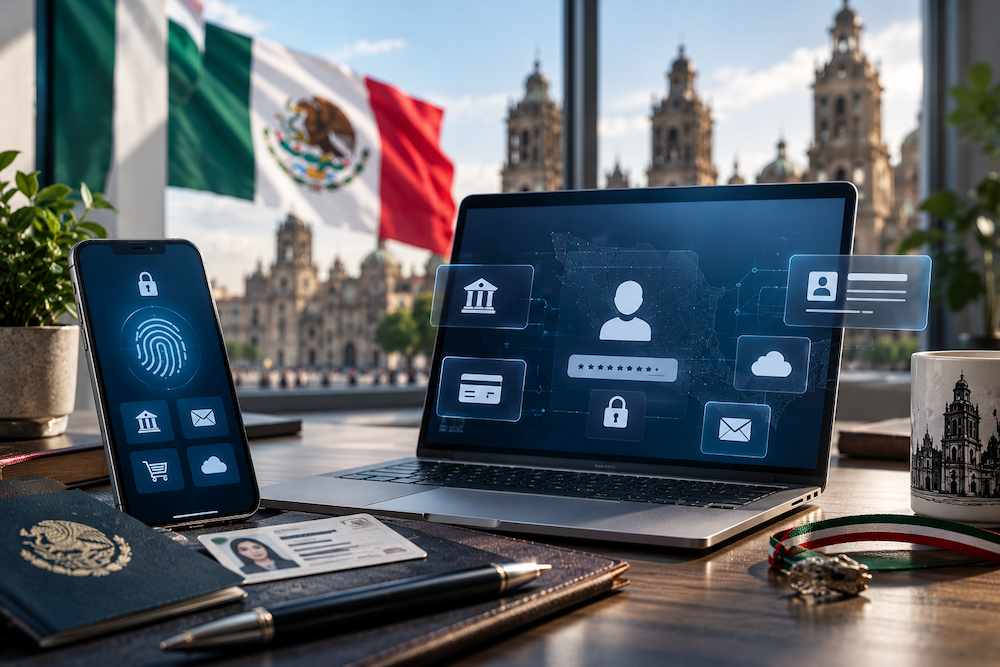 Composición sobre un escritorio de madera frente a un ventanal que muestra la Catedral Metropolitana de la Ciudad de México y una bandera mexicana. Sobre la mesa se observa una laptop abierta con íconos digitales flotantes de seguridad, correo, tarjeta de crédito y candado; a su lado hay un teléfono inteligente que muestra una huella dactilar de autenticación biométrica, una identificación oficial, un pasaporte mexicano y un listón tricolor.