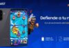 Samsung presenta Galaxy Arena: la nueva era del gaming móvil en Latinoamérica Banner promocional horizontal en tonos azules que muestra el frente y la parte posterior del smartphone Samsung Galaxy A57. La pantalla del dispositivo exhibe una partida en curso del videojuego Clash Royale, rodeada por personajes icónicos del título, los logotipos oficiales de Galaxy A57 y Clash Royale, la frase "Defiende a tu nación", y los íconos con especificaciones técnicas de batería y pantalla a 120 Hz.