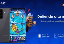 Samsung presenta Galaxy Arena: la nueva era del gaming móvil en Latinoamérica Banner promocional horizontal en tonos azules que muestra el frente y la parte posterior del smartphone Samsung Galaxy A57. La pantalla del dispositivo exhibe una partida en curso del videojuego Clash Royale, rodeada por personajes icónicos del título, los logotipos oficiales de Galaxy A57 y Clash Royale, la frase "Defiende a tu nación", y los íconos con especificaciones técnicas de batería y pantalla a 120 Hz.