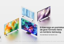 Samsung ratifica su liderazgo en México y se consolida como la marca N.° 1 de pantallas Composición publicitaria sobre fondo blanco claro que presenta cuatro televisores Samsung encendidos dispuestos en perspectiva, mostrando imágenes coloridas e abstractas en sus pantallas, junto con la frase "El liderazgo en pantallas de gran formato tiene un nombre: Samsung" y la insignia de 20 años como líder global en TV.