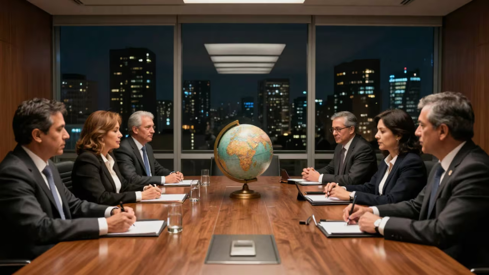 Fotografía de seis ejecutivos formales sentados alrededor de una mesa de juntas de madera en una sala corporativa. En el centro de la mesa se observa un globo terráqueo clásico, y al fondo, un gran ventanal muestra la panorámica nocturna de una ciudad iluminada.