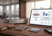 SonicWall lanza solución de seguridad de endpoints adaptada a MSP y PyMEs Fotografía de un escritorio de oficina con un dispositivo de seguridad metálico que ostenta el logotipo "SONICWALL ENDPOINT SECURITY UNIFIED PROTECTION". A su lado, una tableta muestra una interfaz con gráficos de arquitectura unificada, comparativas de TCO y la opción de rollback para recuperación ante ransomware. Sobre la mesa reposan además una libreta, una pluma, una calculadora, una placa con la insignia "CERTIFICADA VB100" y un control remoto.