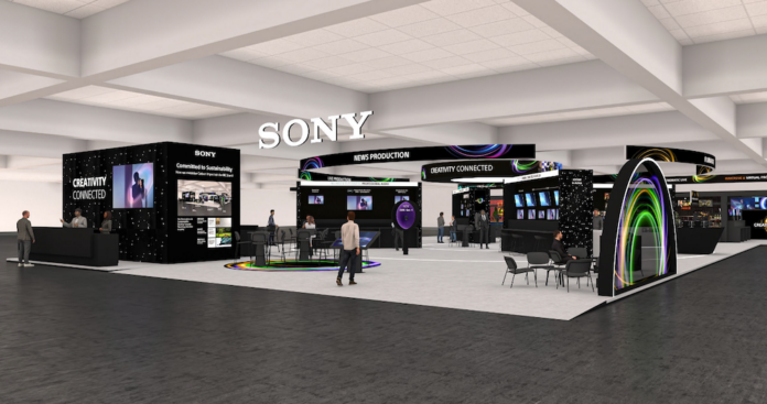 Sony exhibe su concepto Creativity Connected y tecnologías de broadcast en la IBC 2026 Renderizado arquitectónico en vista panorámica del estand de Sony en la convención IBC 2026, ubicado en un pabellón de convenciones con iluminación superior. La estructura negra destaca el lema
