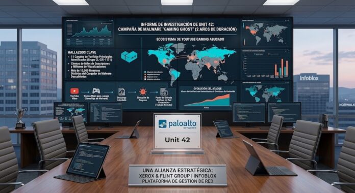 Unit 42 de Palo Alto Networks descubre campaña masiva de malware disfrazado de contenido de videojuegos en YouTube Fotografía en perspectiva de una sala de juntas ejecutiva con vista a la ciudad a través de grandes ventanales. En el centro de la mesa de madera hay computadoras portátiles y una placa con el logotipo de Palo Alto Networks y Unit 42. Al fondo, un videowall gigante presenta el