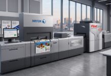 Xerox se alía con Flint Group Digital Xeikon para impulsar la impresión digital Fotografía en perspectiva de una prensa digital industrial en un entorno de producción moderno con ventanales de fondo. El equipo cuenta con el logotipo corporativo de Xerox en la sección frontal plateada, un monitor de control con software de automatización y una sección integrada en color gris oscuro con la marca Flint Group Digital Xeikon.