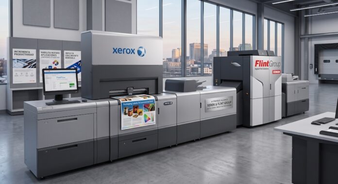 Xerox y Flint Group Digital Xeikon anuncian alianza estratégica para la impresión de producción Fotografía en perspectiva de una prensa digital industrial en un entorno de producción moderno con ventanales de fondo. El equipo cuenta con el logotipo corporativo de Xerox en la sección frontal plateada, un monitor de control con software de automatización y una sección integrada en color gris oscuro con la marca Flint Group Digital Xeikon.
