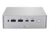 ASUS presenta la mini PC Ascent QN10 con NPU de 80 TOPS para potencia de IA ultracompacta Vista frontal de la mini PC con IA ASUS Ascent QN10 en chasis de aluminio color plateado metálico, mostrando sus puertos E/S de alta velocidad incluidos conector de audio, USB 2.0, USB 10G, dos puertos USB-C 40G y el botón de encendido con indicador LED.