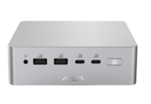 ASUS presenta la mini PC Ascent QN10 con NPU de 80 TOPS para potencia de IA ultracompacta Vista frontal de la mini PC con IA ASUS Ascent QN10 en chasis de aluminio color plateado metálico, mostrando sus puertos E/S de alta velocidad incluidos conector de audio, USB 2.0, USB 10G, dos puertos USB-C 40G y el botón de encendido con indicador LED.
