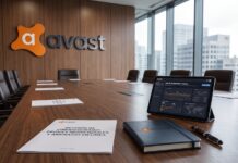 Avast revela que millones de redes de internet domésticas son usadas para ciberdelitos sin saberlo Fotografía de una sala de juntas corporativa de Avast con un amplio ventanal hacia la ciudad, sobre cuya mesa de madera se aprecia una tableta digital mostrando un análisis de riesgos y el documento impreso del Reporte de Ciberseguridad sobre Proxies Residenciales.