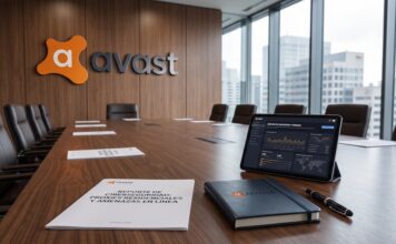 Avast revela que millones de redes de internet domésticas son usadas para ciberdelitos sin saberlo Fotografía de una sala de juntas corporativa de Avast con un amplio ventanal hacia la ciudad, sobre cuya mesa de madera se aprecia una tableta digital mostrando un análisis de riesgos y el documento impreso del Reporte de Ciberseguridad sobre Proxies Residenciales.