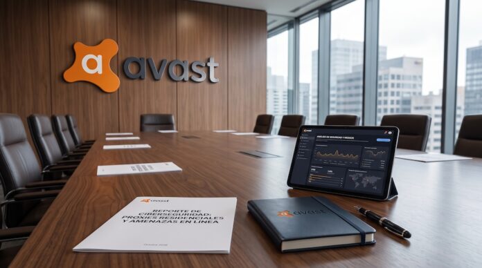 Avast revela los riesgos del abuso de proxies residenciales en conexiones domésticas de internet Fotografía de una sala de juntas corporativa de Avast con un amplio ventanal hacia la ciudad, sobre cuya mesa de madera se aprecia una tableta digital mostrando un análisis de riesgos y el documento impreso del Reporte de Ciberseguridad sobre Proxies Residenciales.