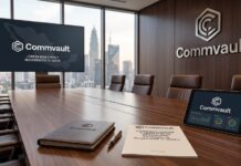 Commvault impulsa la resiliencia cibernética como la clave para la continuidad de las empresas en México Fotografía de una elegante sala de juntas corporativa de Commvault con vista panorámica a la ciudad, mostrando una pantalla con el mapa de México, una tableta digital con gráficas y un reporte impreso sobre resiliencia operativa y ciberseguridad sobre la mesa de madera.