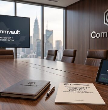 Commvault impulsa la resiliencia cibernética como la clave para la continuidad de las empresas en México Fotografía de una elegante sala de juntas corporativa de Commvault con vista panorámica a la ciudad, mostrando una pantalla con el mapa de México, una tableta digital con gráficas y un reporte impreso sobre resiliencia operativa y ciberseguridad sobre la mesa de madera.