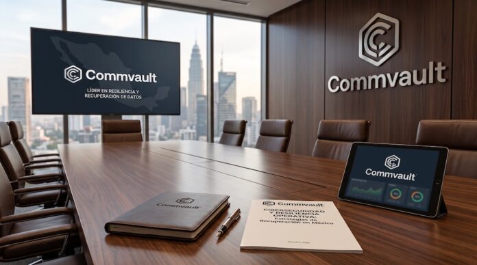 Fotografía de una elegante sala de juntas corporativa de Commvault con vista panorámica a la ciudad, mostrando una pantalla con el mapa de México, una tableta digital con gráficas y un reporte impreso sobre resiliencia operativa y ciberseguridad sobre la mesa de madera.