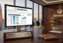 Databricks adquiere Row Zero para integrar hojas de cálculo en tiempo real, seguras y con gobernanza a Genie Fotografía de una elegante sala de juntas de Databricks con vista al horizonte urbano de San Francisco, donde se muestra un monitor de escritorio exhibiendo la interfaz integrada de Databricks Genie con una hoja de cálculo interactiva de Row Zero, junto a carpetas corporativas y una placa conmemorativa de la adquisición.