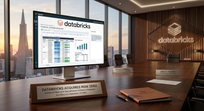 Fotografía de una elegante sala de juntas de Databricks con vista al horizonte urbano de San Francisco, donde se muestra un monitor de escritorio exhibiendo la interfaz integrada de Databricks Genie con una hoja de cálculo interactiva de Row Zero, junto a carpetas corporativas y una placa conmemorativa de la adquisición.
